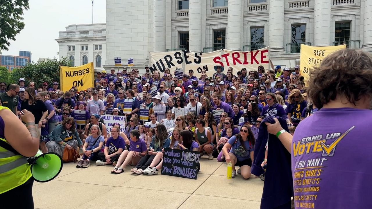 Nurses at Meriter marched to the capitol on the fourth day of their strike. (Spectrum News 1/Natalie Sopyla)