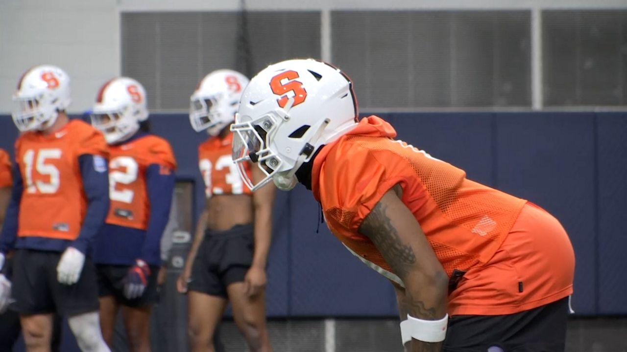 Defensive back Duce Chestnut lines up for a drill at Syracuse