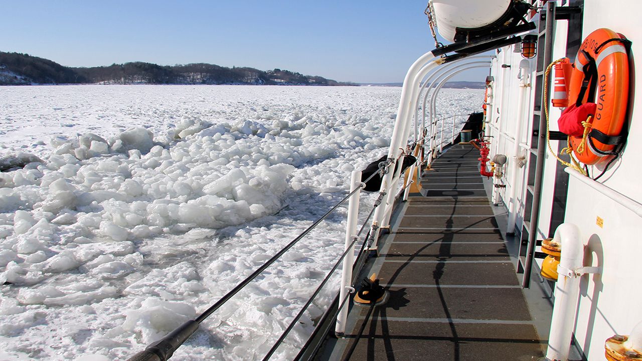 The U.S. Coast Guard cutter Sturgeon Bay breaks ice in the shipping channel on the Hudson River in Feb. 2015, near Germantown, N.Y.