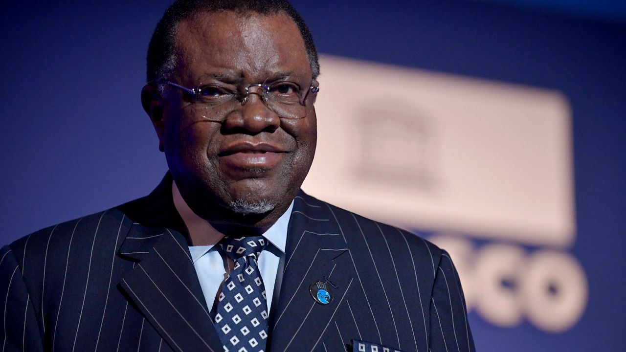 Namibia's President Hage Geingob returns after delivering a speech during celebrations marking the 75th anniversary of the United Nations Educational, Scientific and Cultural Organization (UNESCO) at the UNESCO headquarters in Paris, on Nov. 12, 2021. Namibian president has died in a hospital where he was receiving treatment, his office said Sunday, Feb. 4, 2024. (Juilen de Rosa/Pool Photo via AP, File)