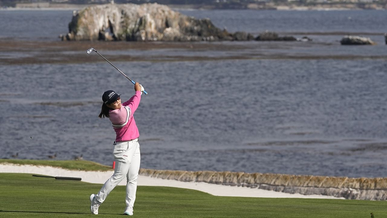 Nasa Hataoka, of Japan, hits from the 18th fairway during the third round of the U.S. Women's Open golf tournament at the Pebble Beach Golf Links, Saturday, July 8, 2023, in Pebble Beach, Calif. (AP Photo/Darron Cummings)