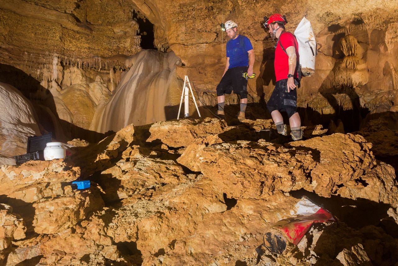 Cave divers working inside the new cave.