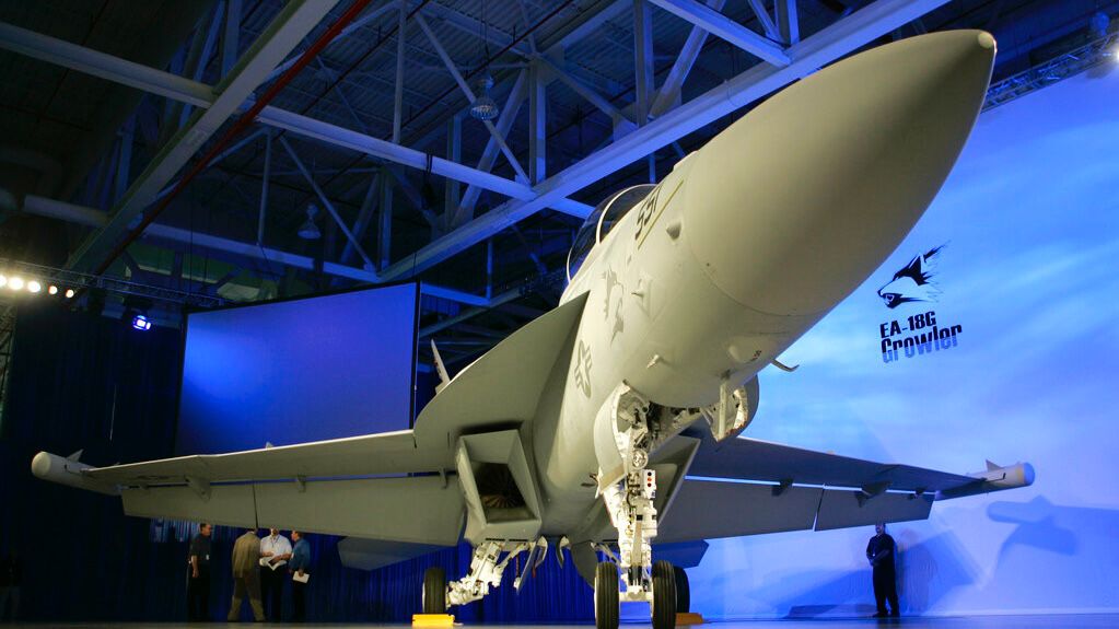 A Boeing EA-18G Growler sits on display during a ceremony marking delivery of the airborne electronic attack aircraft Monday, Sept. 24, 2007, at a Boeing production facility in Berkeley, Mo. (AP Photo/Jeff Roberson)