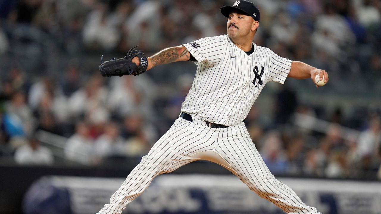 New York Yankees pitcher Nestor Cortes throws during the fourth inning of a baseball game against the Boston Red Sox at Yankee Stadium Thursday, Sept. 12, 2024, in New York. (AP Photo/Seth Wenig, File)