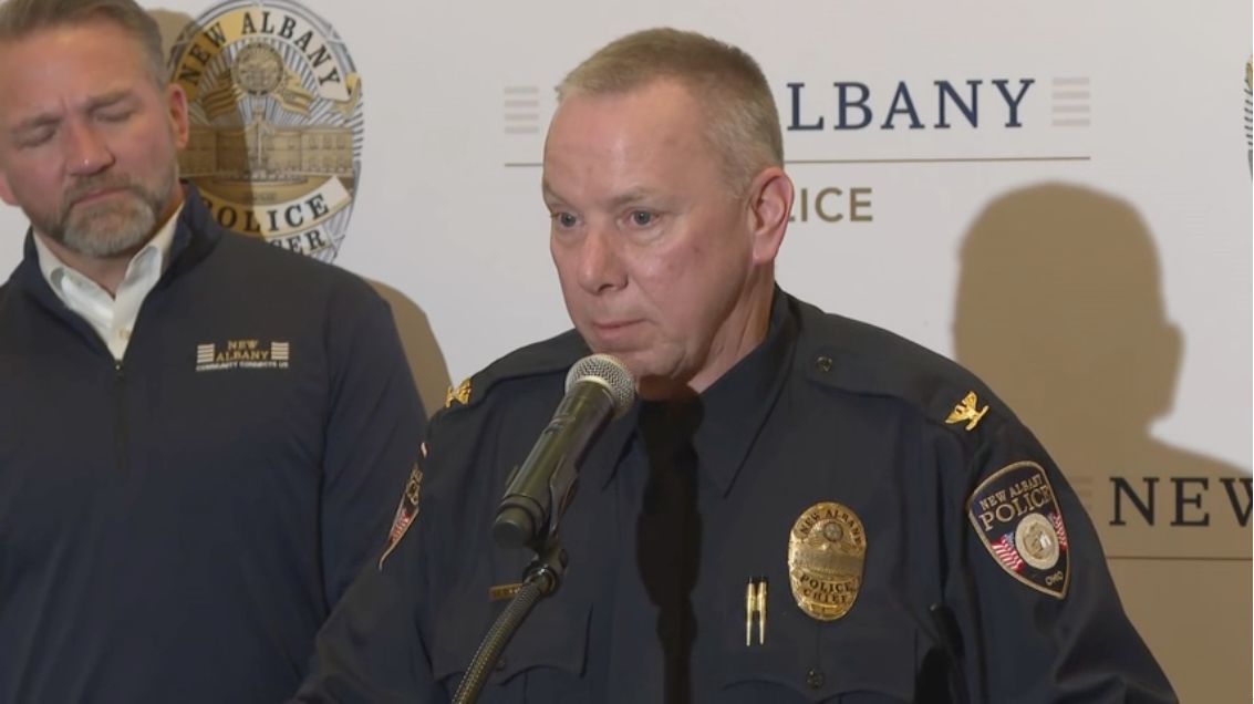 New Albany Chief of Police Greg Jones speaks at a news conference Wednesday afternoon.