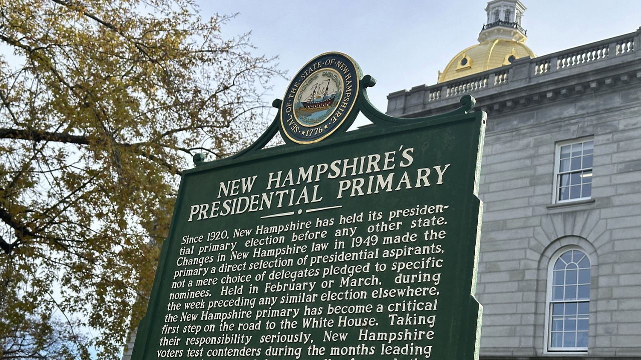 A historical marker displayed outside the Statehouse in Concord, New Hampshire, on Nov. 15, 2023, describes the history of the state's first-in-the-nation presidential primary. (AP Photo/Holly Ramer)