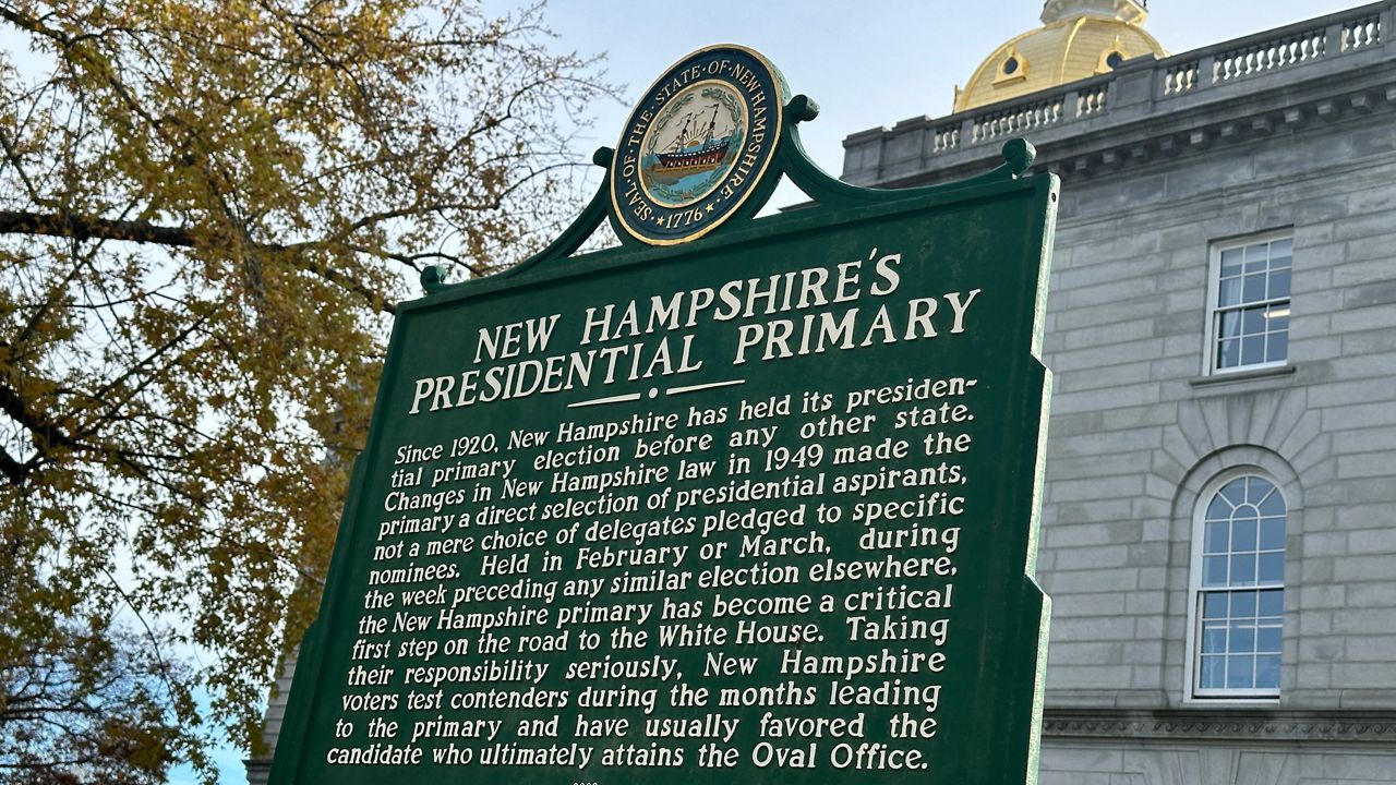 A historical marker displayed outside the Statehouse in Concord, New Hampshire, on Nov. 15, 2023, describes the history of the state's first-in-the-nation presidential primary. (AP Photo/Holly Ramer)