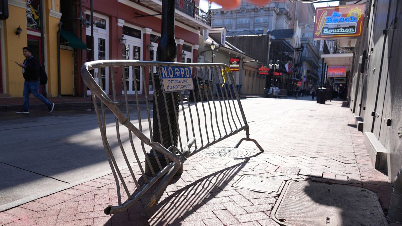 The barricade that Shamsud-Din Jabbar hit with his truck while driving into a crowd on New Year's Day is seen on Bourbon Street, Thursday, Jan. 2, 2025, in New Orleans. (AP Photo/George Walker IV, File)