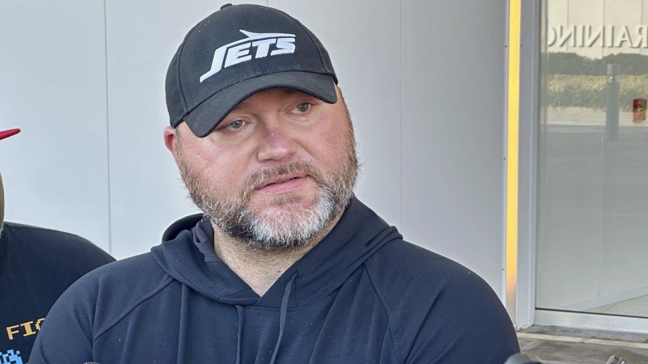 New York Jets general manager Joe Douglas speaks to reporters at the team’s training facility in Florham Park, New Jersey on Wednesday, Nov. 6, 2024. (AP Photo/Dennis Waszak Jr.)