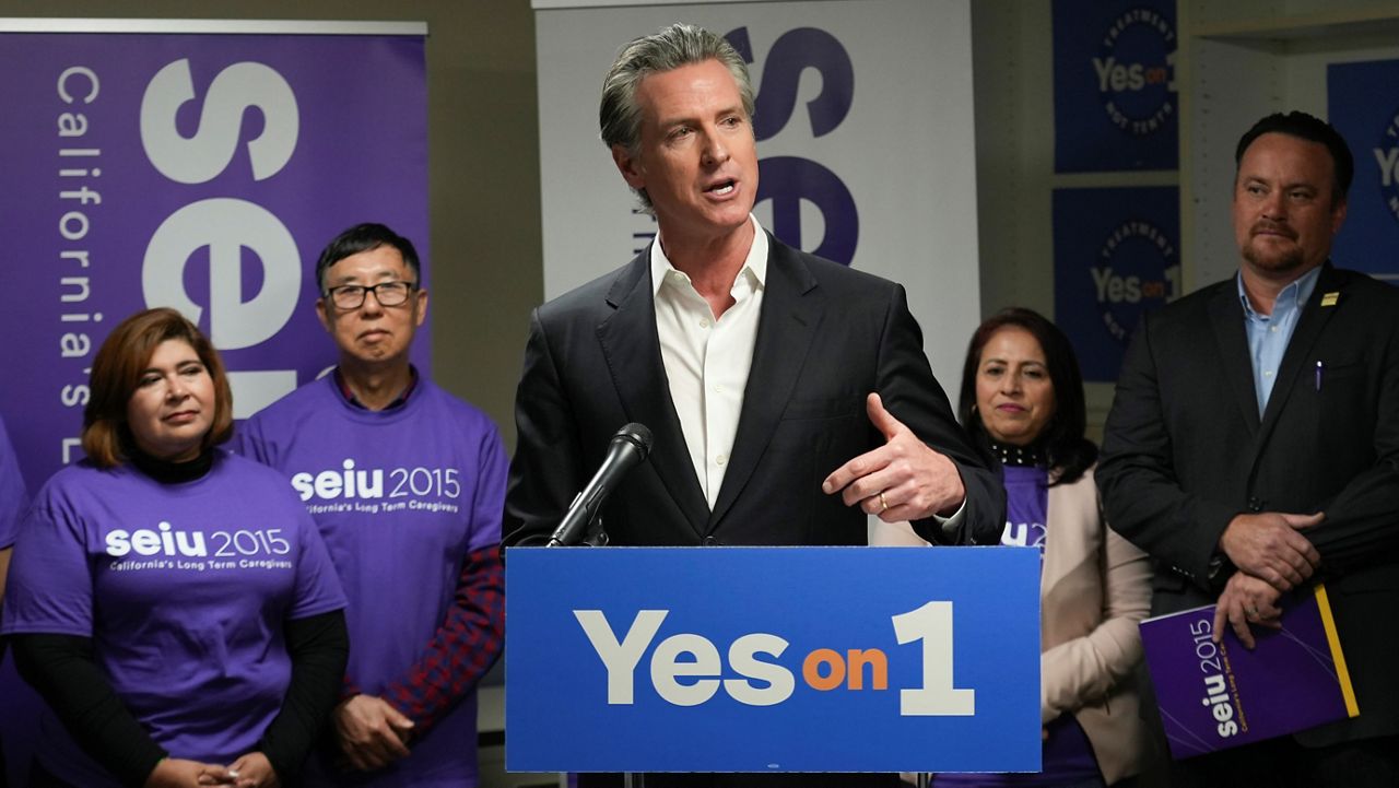 California Gov. Gavin Newsom speaks at a Proposition 1 campaign event at the Service Employees International Union office in San Francisco, Monday, March 4, 2024. (AP Photo/Terry Chea)