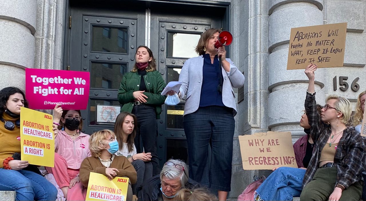 Nicole Clegg, Planned Parenthood Maine Action Fund President, speaks at an abortion rights rally in 2022. (Spectrum News file photo)