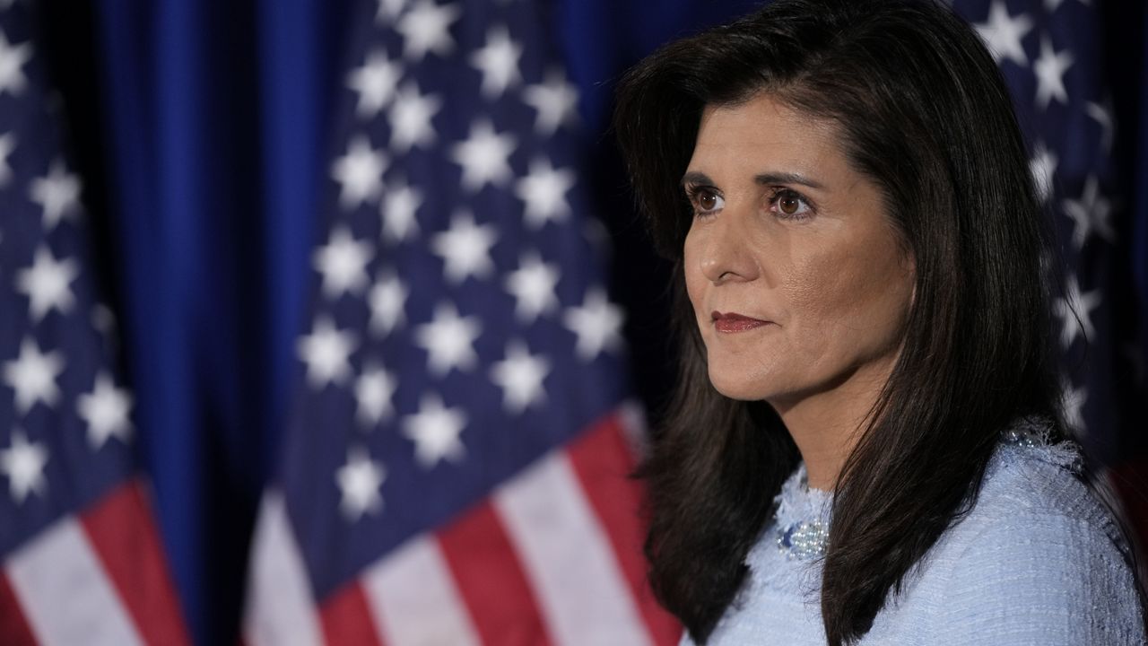 Republican presidential candidate, former ambassador to the United Nations Nikki Haley listens as she is introduced before speaking about her abortion policy, Tuesday, April 25, 2023, in Arlington, Va. (AP Photo/Patrick Semansky)