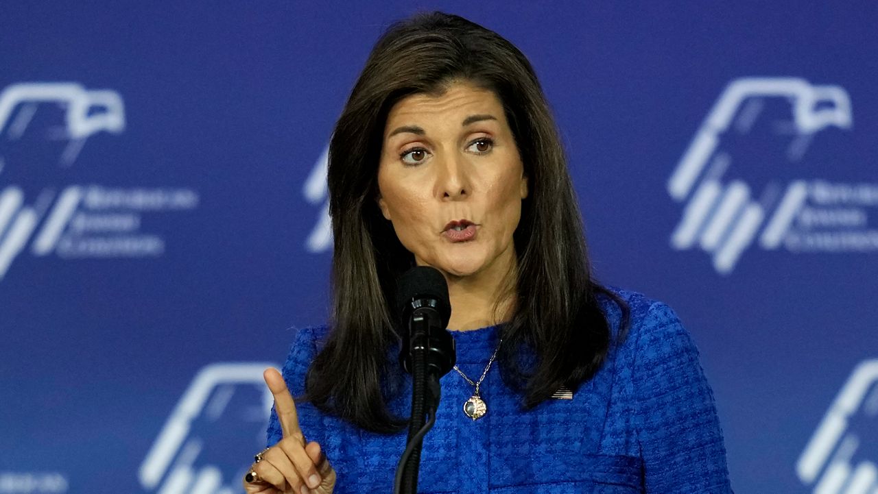 Republican presidential candidate and former U.N. Ambassador Nikki Haley speaks at an annual leadership meeting of the Republican Jewish Coalition, Saturday, Oct. 28, 2023, in Las Vegas. (AP Photo/John Locher)