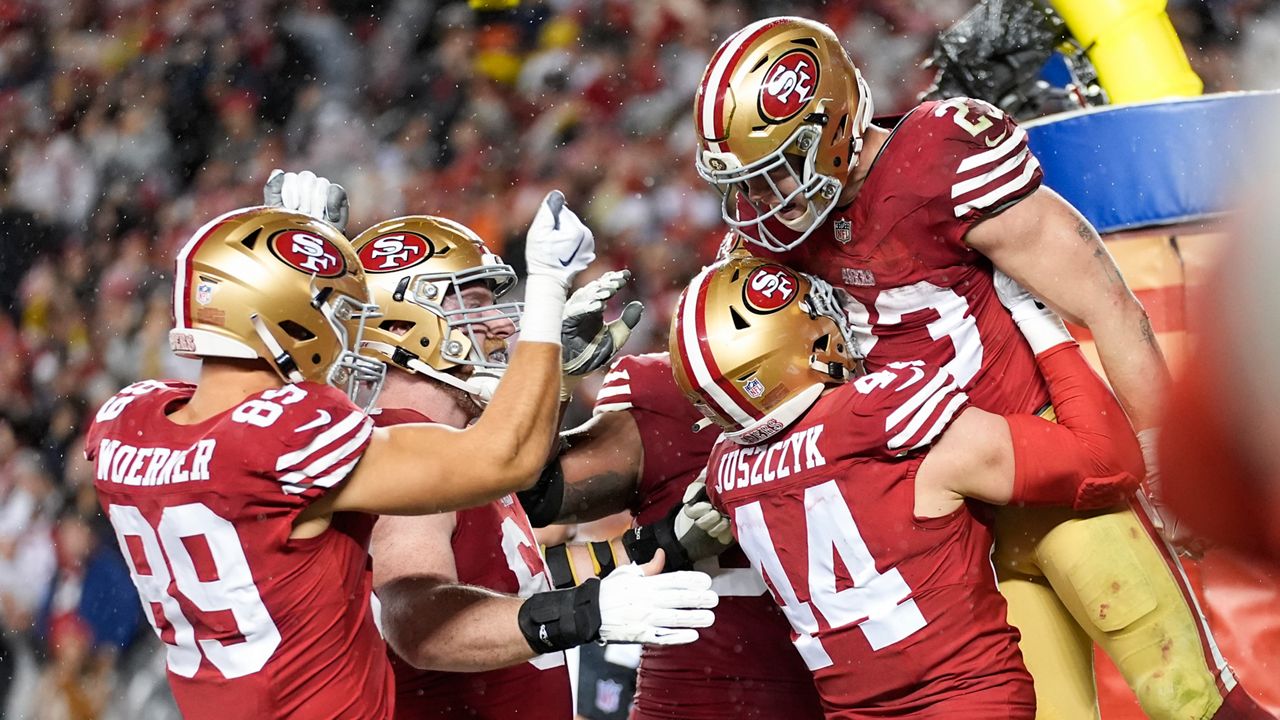 San Francisco 49ers running back Christian McCaffrey (23) celebrates his rushing touchdown with teammates during the second half of an NFL football NFC divisional playoff game against the Green Bay Packers Saturday, Jan. 20, 2024, in Santa Clara, Calif. (AP Photo/Ashley Landis)