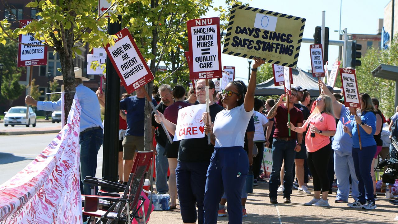 Nurses at SSM Saint Louis University Hospital participate in a 24-hour strike Monday, Sept. 25, regarding working conditions that have not been resolved through contract negotiations that started in May. (Spectrum News/Elizabeth Barmeier)