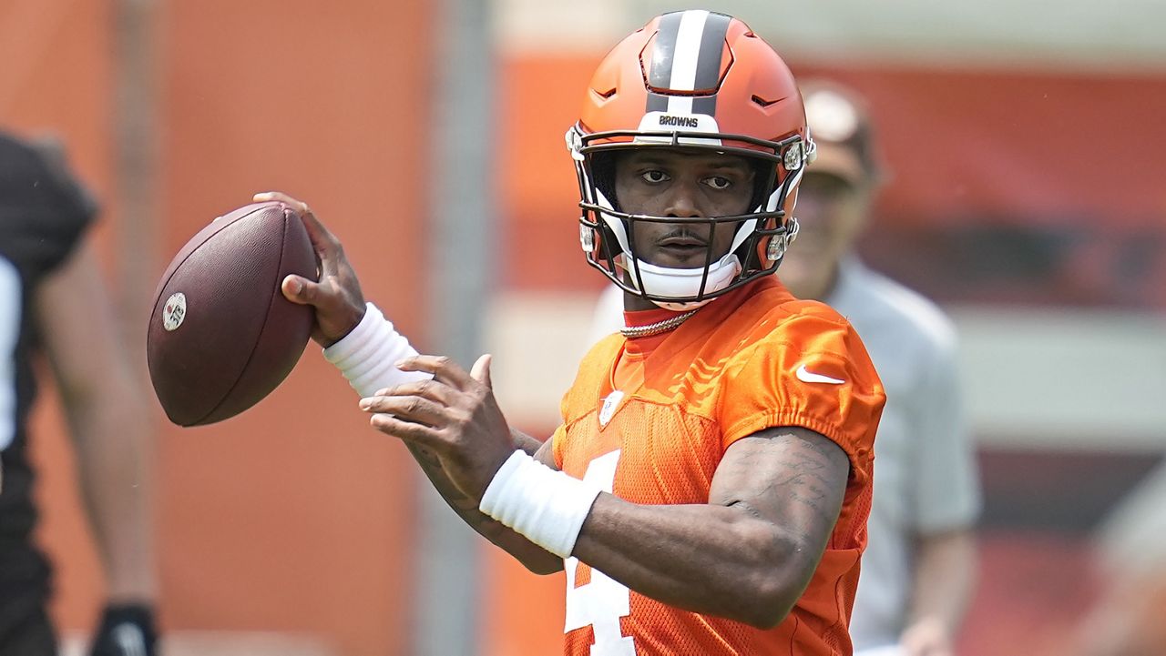 Cleveland Browns quarterback Deshaun Watson throws during an NFL football practice, Wednesday, May 24, 2023, in Berea, Ohio. 