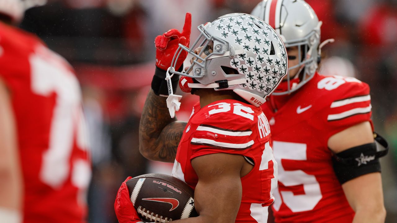 Ohio State running back TreVeyon Henderson celebrates his touchdown against Indiana during the first half of an NCAA college football game Saturday, Nov. 23, 2024, in Columbus, Ohio.