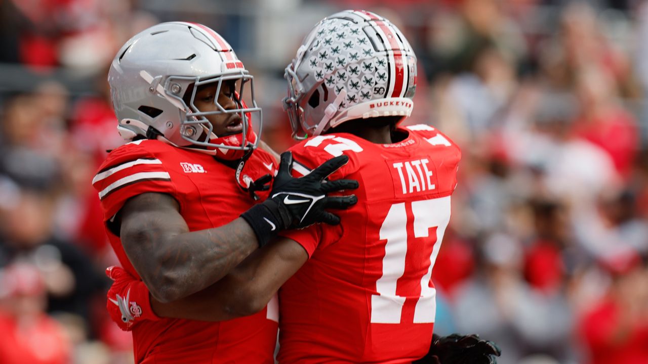 Ohio State receiver Jeremiah Smith, left, celebrates his touchdown against Purdue with teammate Carnell Tate during the first half of an NCAA college football game Saturday, Nov. 9, 2024, in Columbus, Ohio.