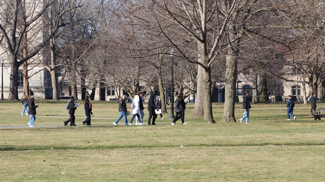 A group of high schoolers and their parents take a campus tour at The Ohio State University in Columbus, Ohio on Tuesday, Feb. 13, 2024. 