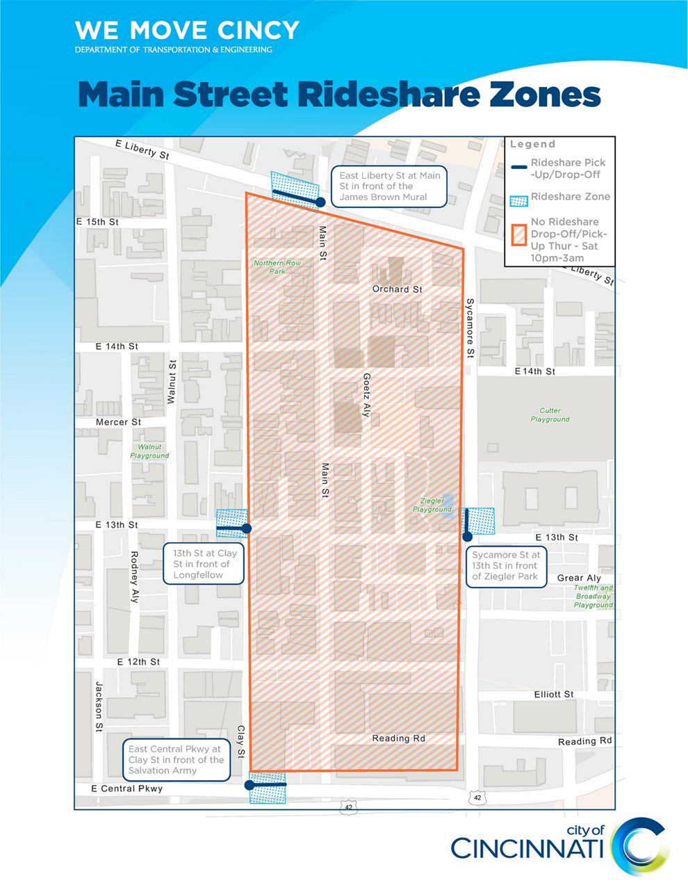 A map of the new weekend rideshare zone surrounding Main Street in Over-the-Rhine. (Photo courtesy of City of Cincinnati)