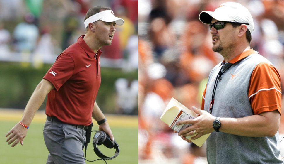Oklahoma head coach Lincoln Riley, left, and Texas head coach Tom Herman, right, haves stepped up their roles in the Oklahoma-Texas rivalry. (AP Photo/LM Otero, File; Ricardo B. Brazziell/Austin American-Statesman via AP, File)