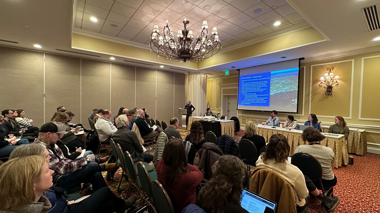 Lobstermen and others packed a room at the Maine Fishermen's Forum in Rockport Thursday to hear more about a planned floating offshore wind array in the Gulf of Maine. (Spectrum News/Susan Cover)