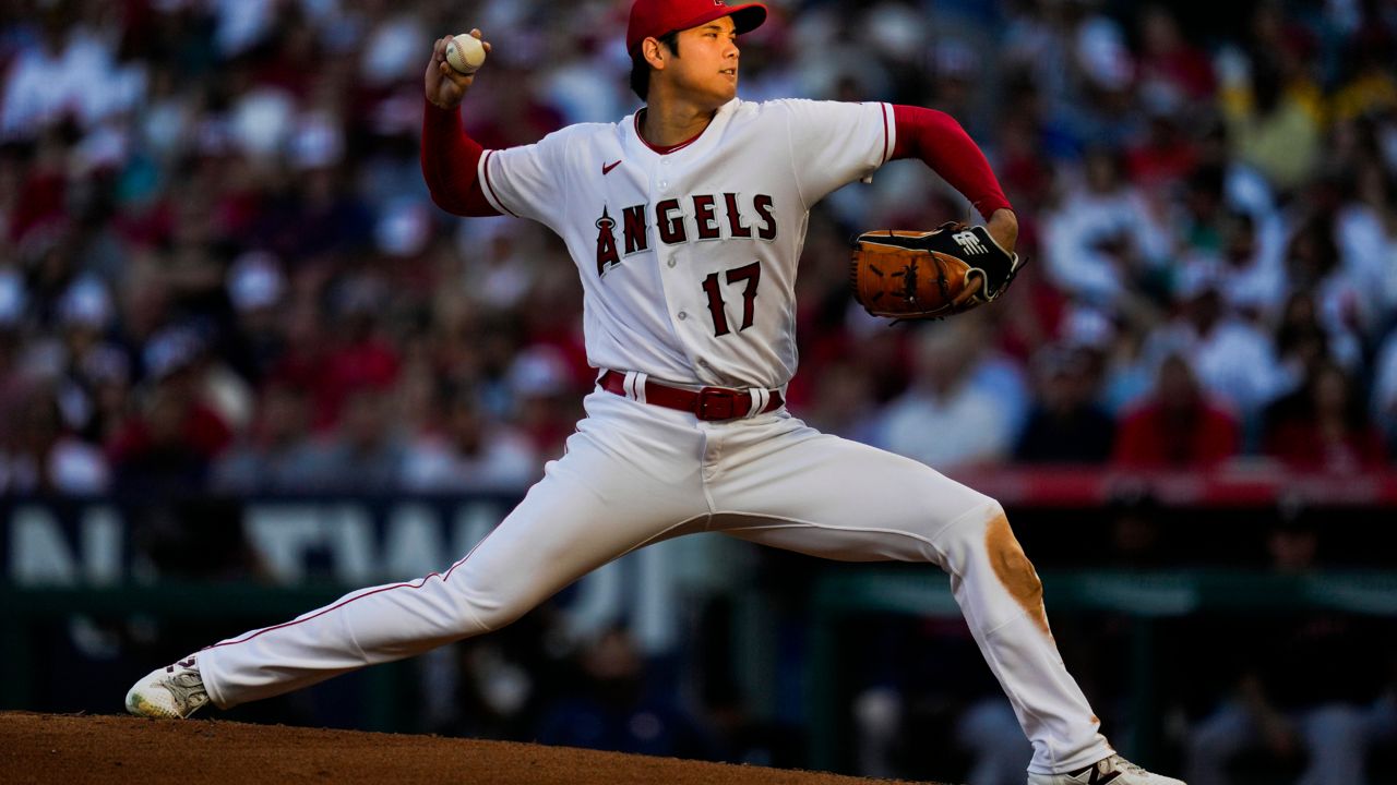 Los Angeles Angels starting pitcher Shohei Ohtani (17) throws during the third inning of a baseball game against the Houston Astros in Anaheim, Calif., Friday, July 14, 2023. (AP Photo/Ashley Landis)