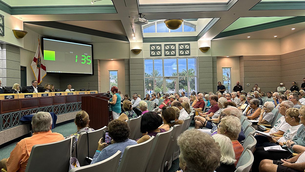 Residents gathered at a meeting last month to protest the installation of the fuel farm. The City Commission has decided to not provide utilities to the proposed site on Thursday. (Spectrum News)