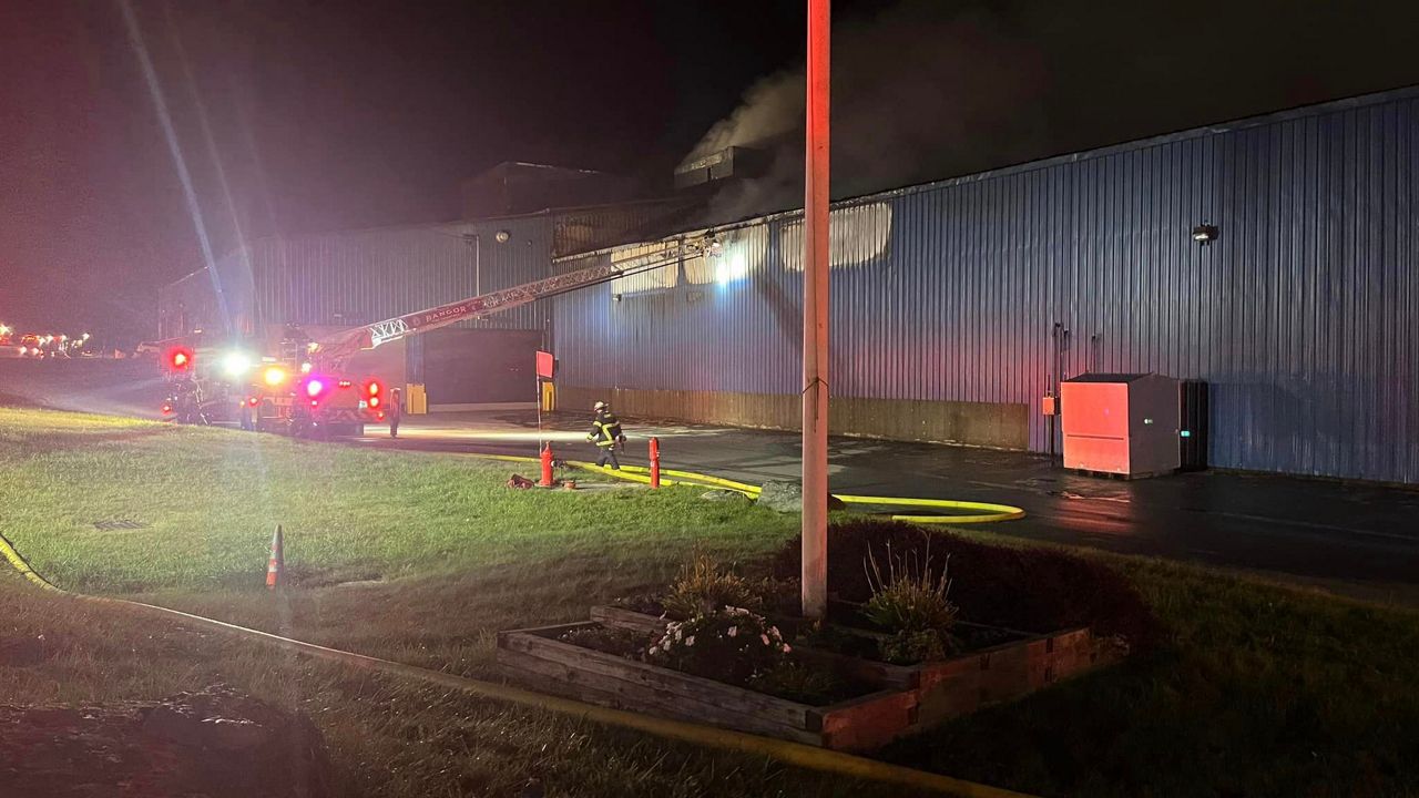 Firefighters at a blaze at an Orrington waste plant (Professional Firefighters of Hermon, IAFF 5458, via Facebook)