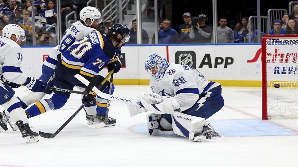 St. Louis center Oskar Sundqvist scores on a rebound in the second period on Tuesday night.