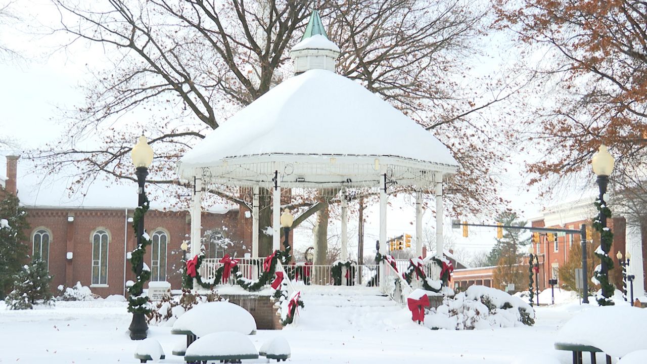 A gazebo covered in snow in Painesville Tuesday. 