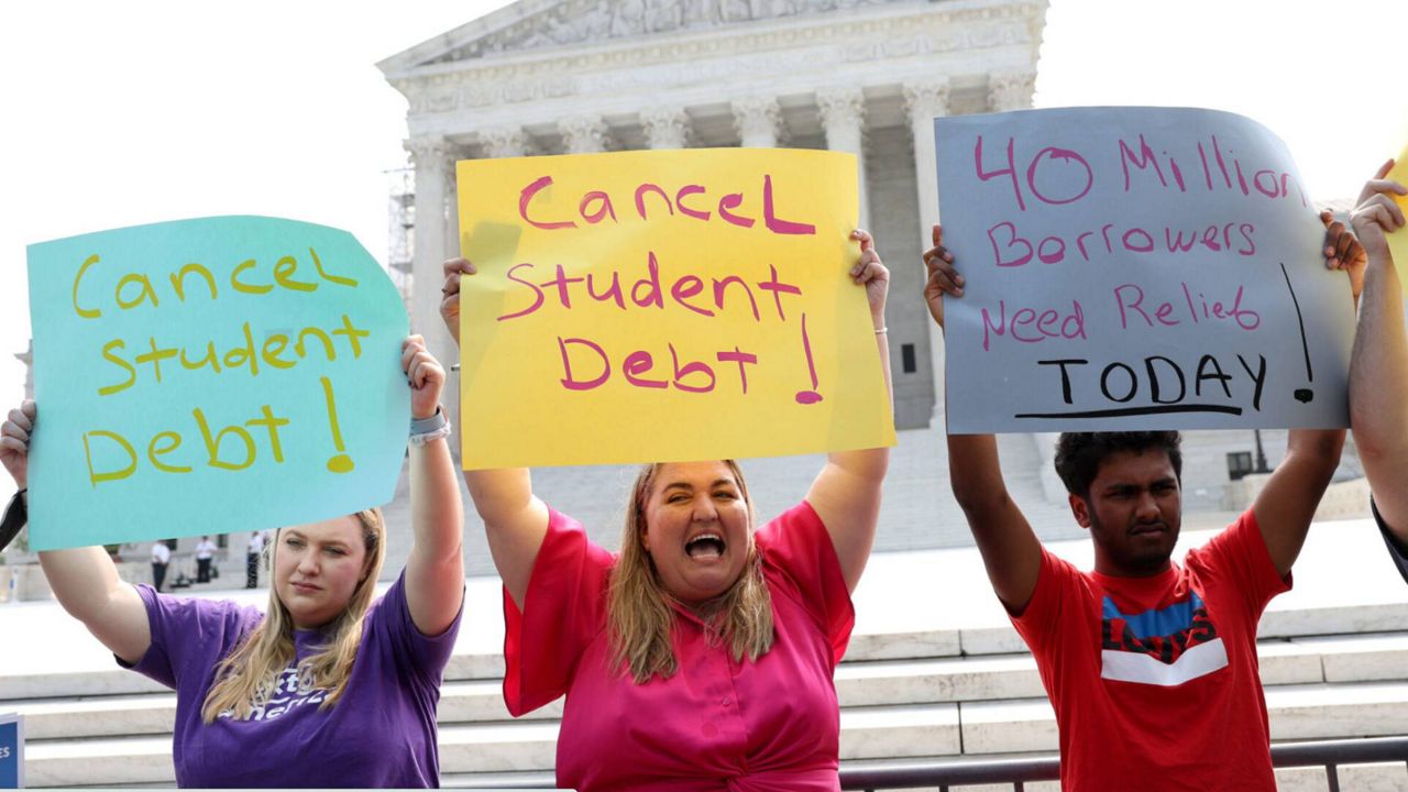 Student debt relief activist rally in front of the U.S. Supreme Court on June 30, 2023 in Washington, D.C. That day, the Supreme Court stuck down the Biden administration’s student debt forgiveness program in Biden v. Nebraska (Kevin Dietsch/Getty Images).