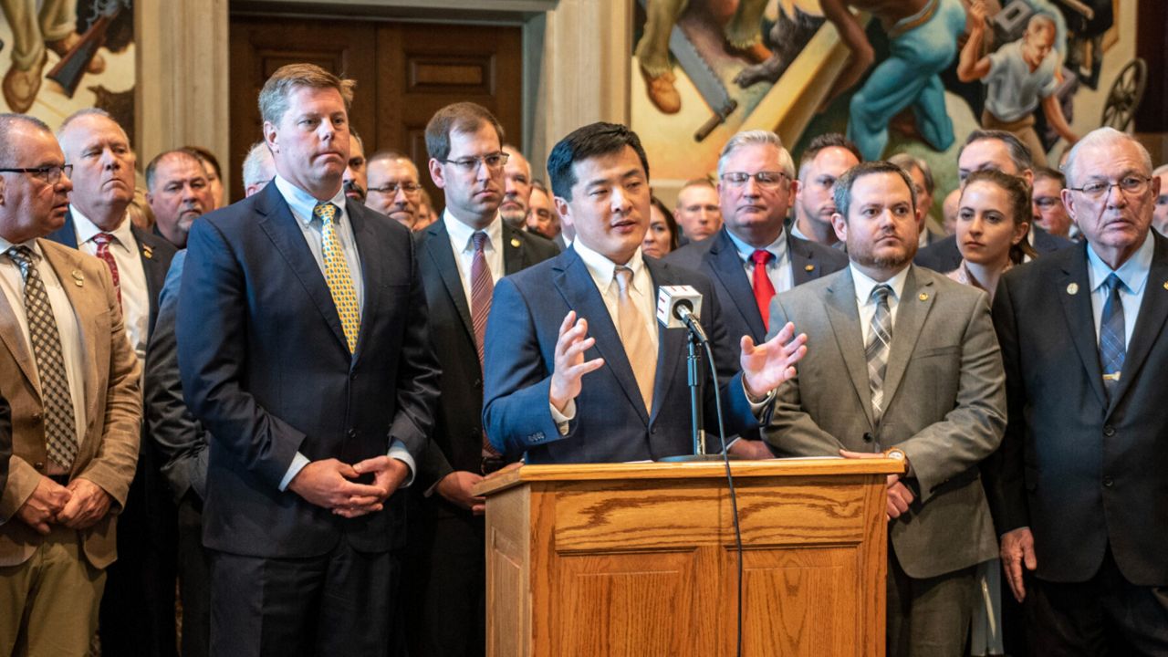 House Majority Leader Jon Patterson, R-Lee's Summit, speaks during an April press conference. Patterson announced last week that Jonathan Ratliff would step aside as executive director of the House Republican Campaign Committee. (Annelise Hanshaw/Missouri Independent)