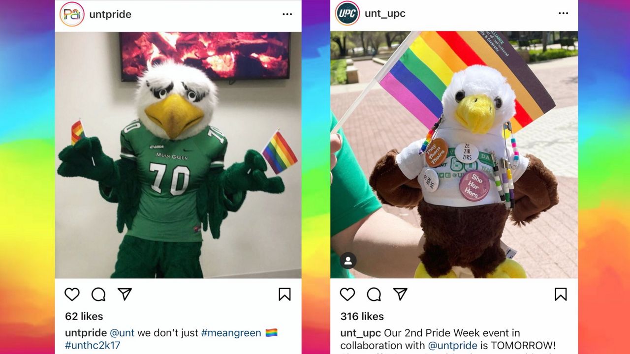 Pictured are Instagram posts from UNT’s Pride Alliance and the University Program Council showing the school’s mascot Scrappy the eagle (Credit, University of North Texas)