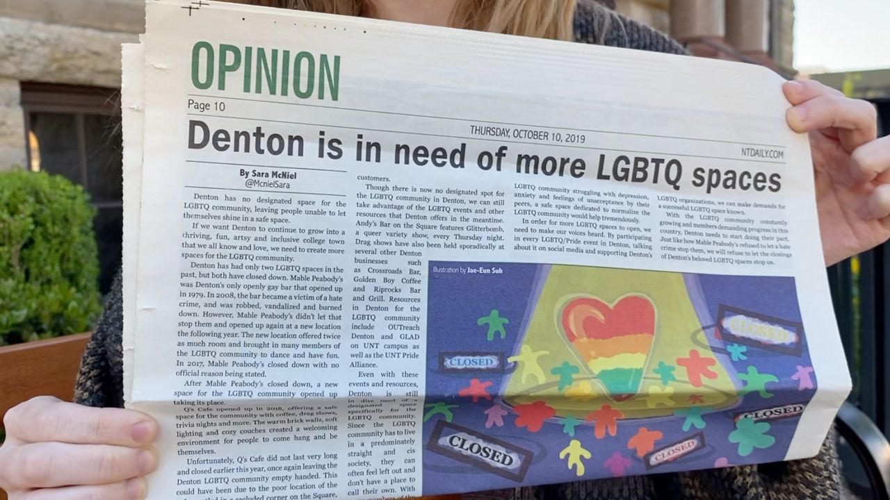Pictured is an article written by Sara McNiel in October 2019 published in UNT’s newspaper The North Texas Daily titled "Denton is in Need of More LGBTQ Spaces." (Credit, Lupe Zapata)