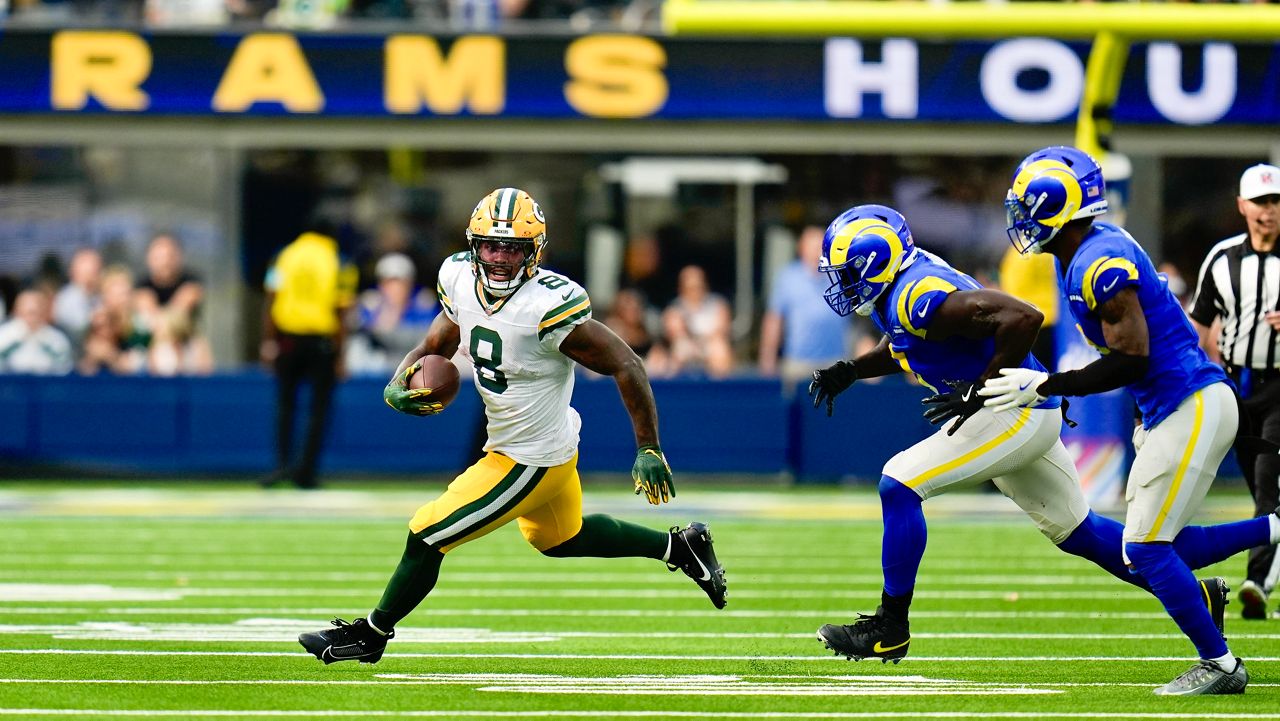 Green Bay Packers running back Josh Jacobs (8) carries the ball during the second half of an NFL football game against the Los Angeles Rams Sunday, Oct. 6, 2024, in Inglewood, Calif. (AP Photo/Gregory Bull)