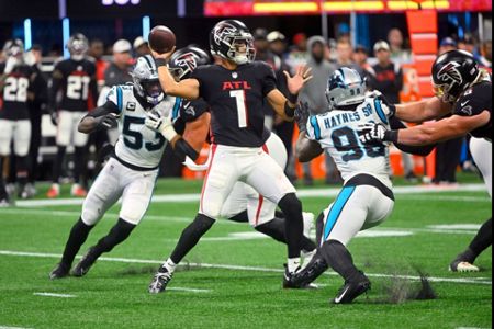 Atlanta Falcons safety Dean Marlowe (21) lines up during the second half of  an NFL football game against the Carolina Panthers, Sunday, Oct. 30, 2022, in  Atlanta. The Atlanta Falcons won 37-34. (