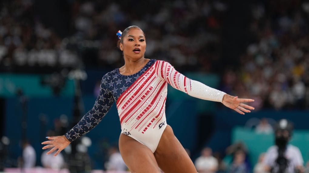 Jordan Chiles, of the United States, performs on the floor during the women's artistic gymnastics team finals round at Bercy Arena at the 2024 Summer Olympics, Tuesday, July 30, 2024, in Paris, France. (AP Photo/Charlie Riedel)