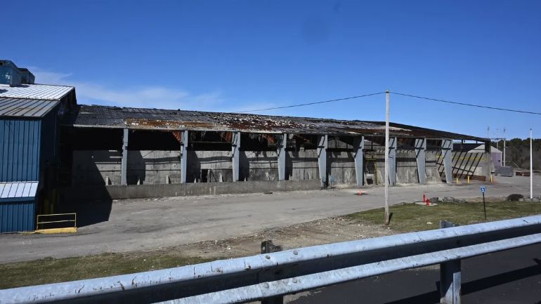 The tipping room at Eagle Point Energy Center is seen in this April 18 photo. A 10-day fire burned the building in October 2024. (Bangor Daily News/Julia Bayly)