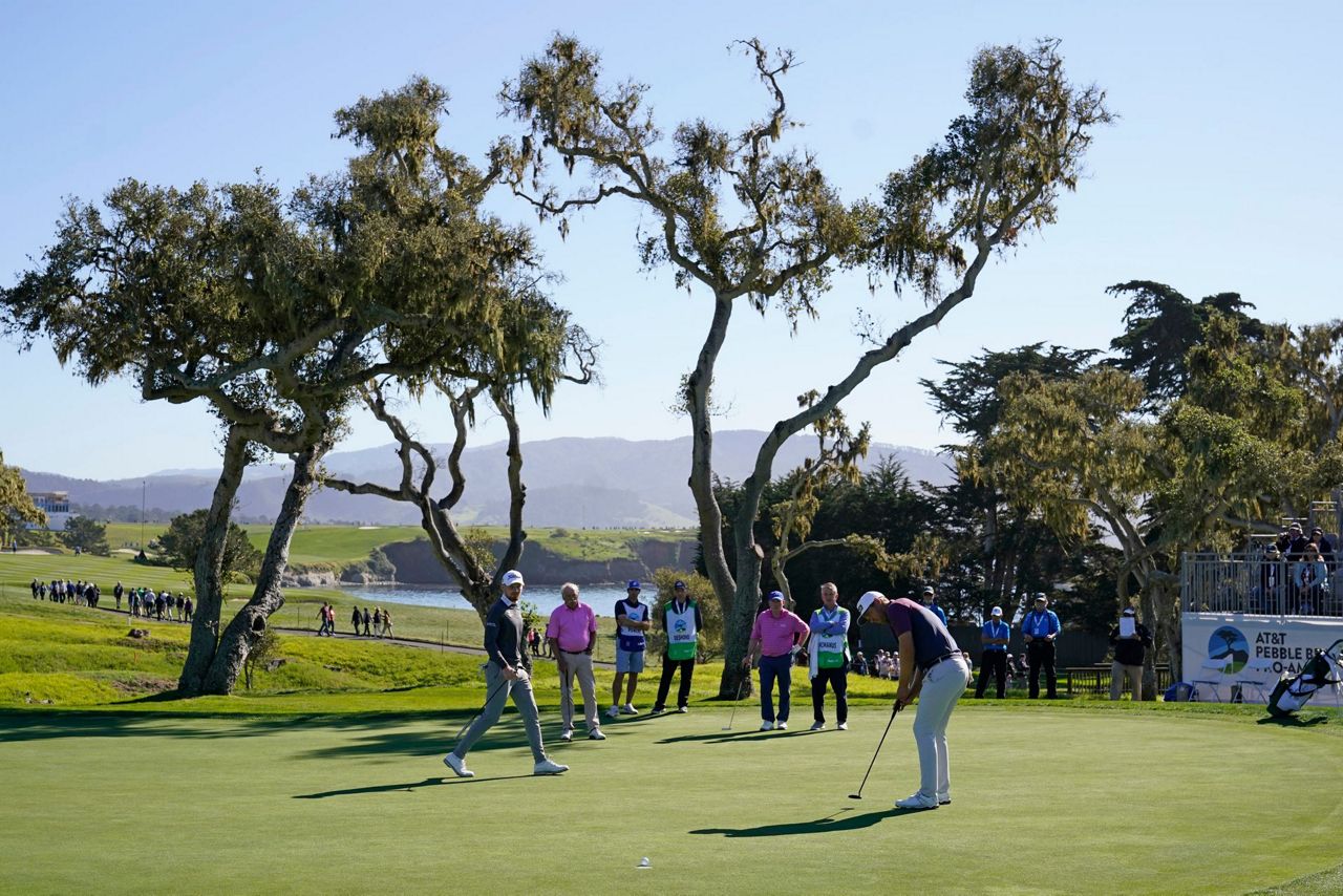 Pebble Beach, USA. 03rd Feb, 2022. Mookie Betts putts onto the 6th green at  Monterey Peninsula Club during the first round of the AT&T Pro-Am PGA Tour  golf event Monterey Peninsula, California