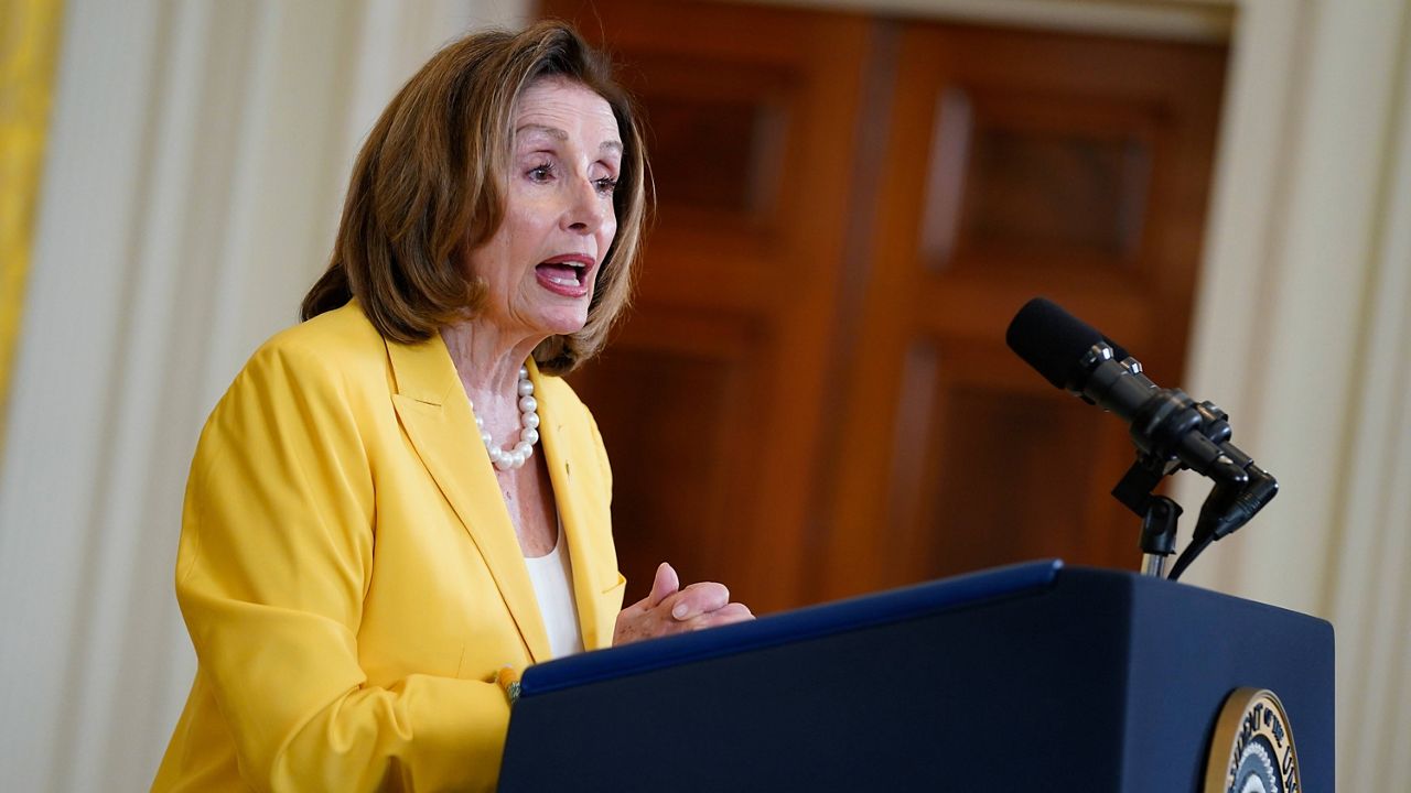 Former Speaker of the House Nancy Pelosi, D-Calif., speaks on the anniversary of the Inflation Reduction Act during an event in the East Room of the White House, Wednesday, Aug. 16, 2023, in Washington. (AP Photo/Evan Vucci)