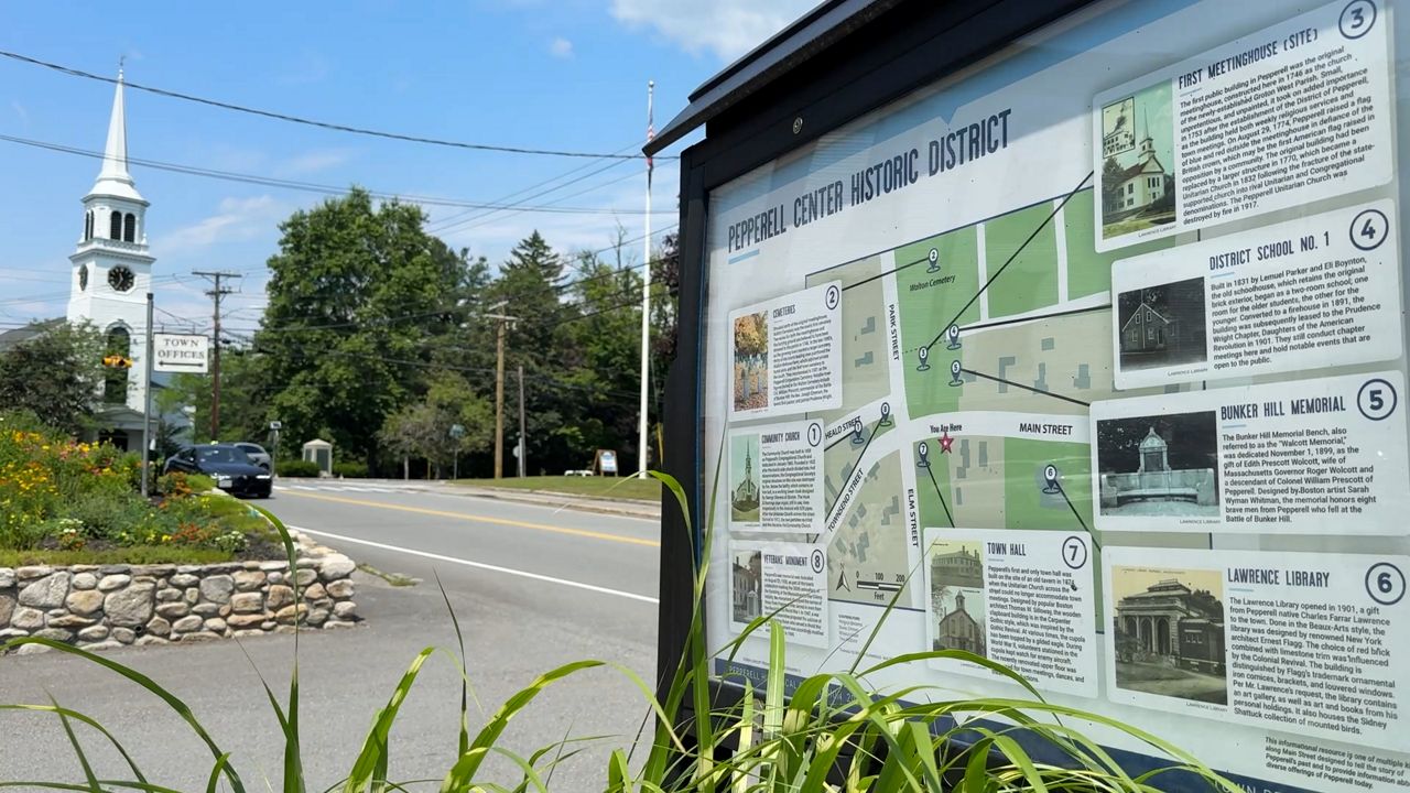 The sign for the Pepperell Center Historic District. (Spectrum News 1/Dan Reidy)