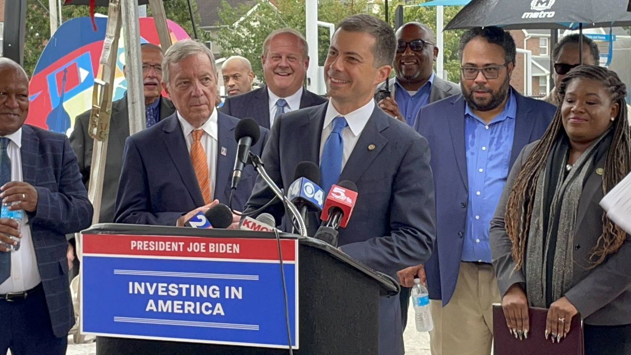 U.S. Transportation Secretary Pete Buttigieg was in East St. Louis to announce $27.6 million in federal funds for Metrolink related to losses suffered during flash flooding that hit the St. Louis region last summer. The agency was already slated to receive $198 million to replace dozens of light-rail cars. (Spectrum News/Gregg Palermo)