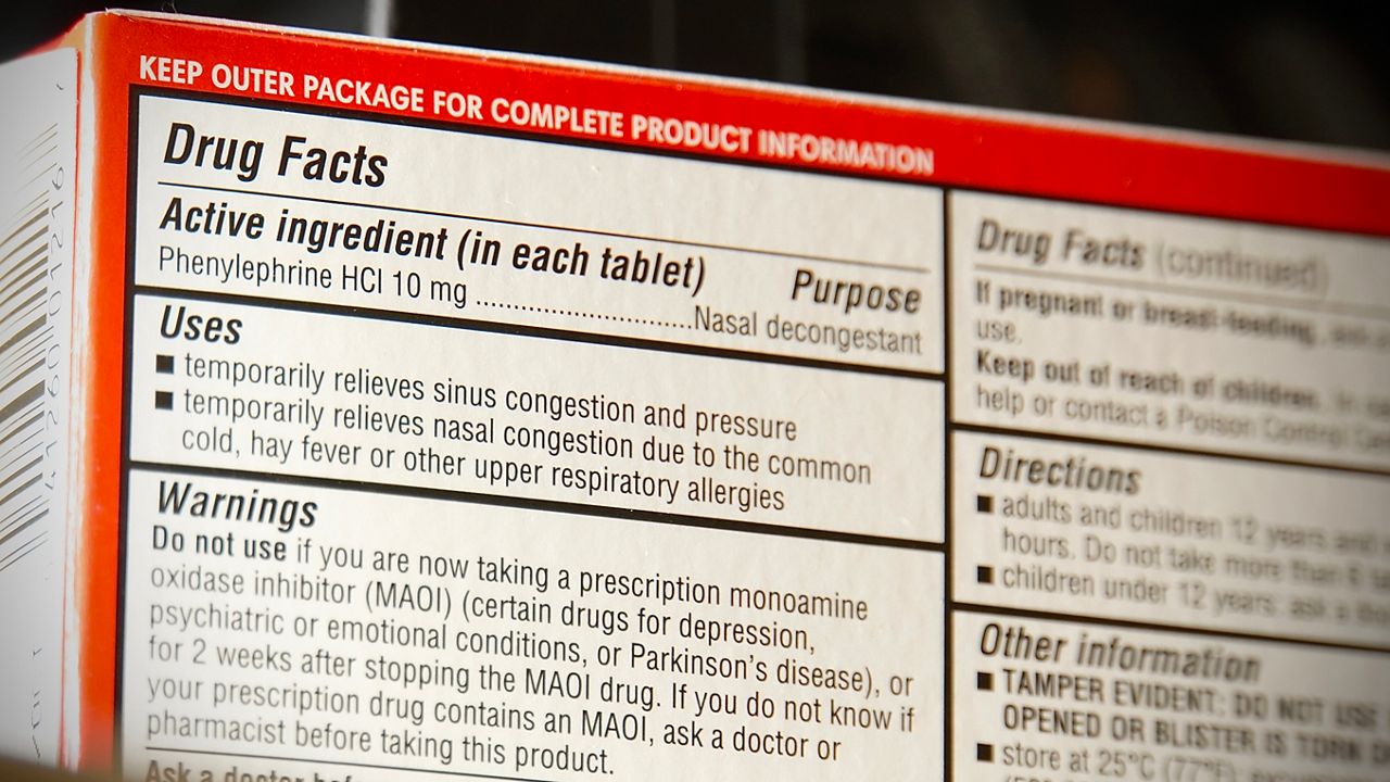 A medicine box showing  phenylephrine, the main drug in over-the-counter decongestants. Medical experts say the drug failed to outperform placebo pills in patients with cold and allergy congestion. (Spectrum News 1/Mason Brighton, File)