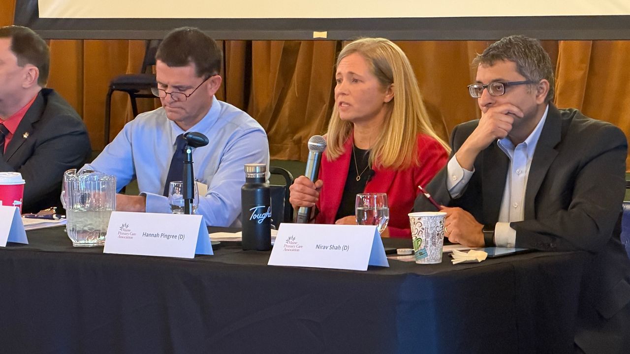 From left to right, Derek Levasseur, Hannah Pingree and Dr. Nirav Shah, are three of nine the candidates for governor who participated in a forum organized by the Maine Primary Care Association. (Spectrum News/Susan Cover)