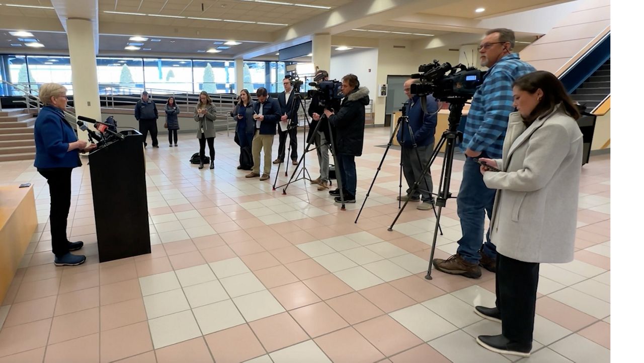 Rep. Chellie Pingree (D-Maine) met with reporters at Portland International Jetport Tuesday morning to voice concerns she and her constituents have about recent decisions by the Trump Administration to cut funding and lay off federal workers. "People are panicked," she said. (Spectrum News/Sean Murphy)