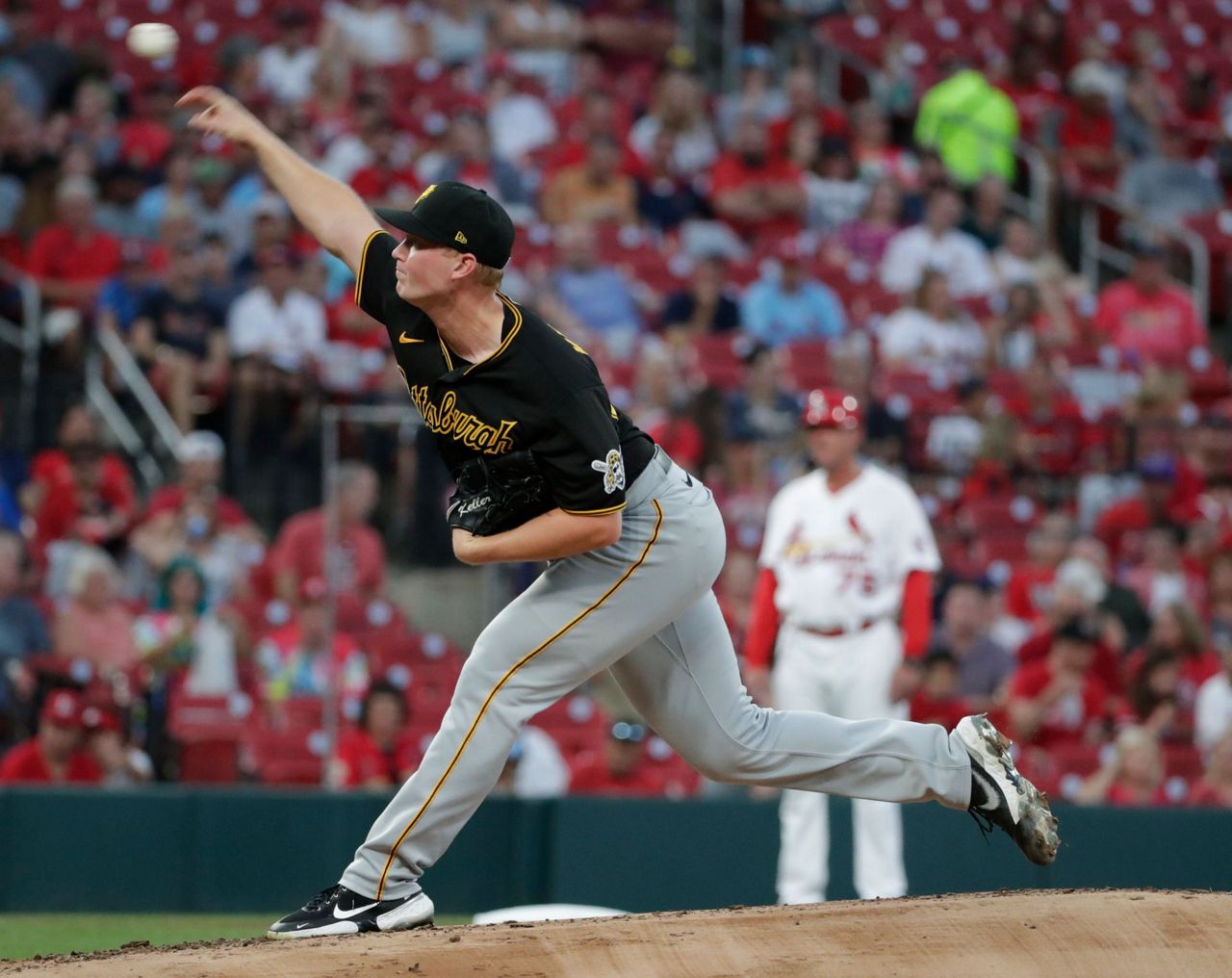 Yoshi Tsutsugo of the Pittsburgh Pirates flies out during the seventh