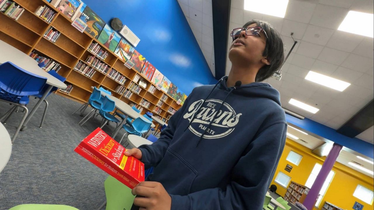 13-year-old Faizan Zaki of Plano prepares for the 2025 Scripps National Spelling Bee, after finishing runner-up in 2024. (Spectrum News 1/Brian Scott)