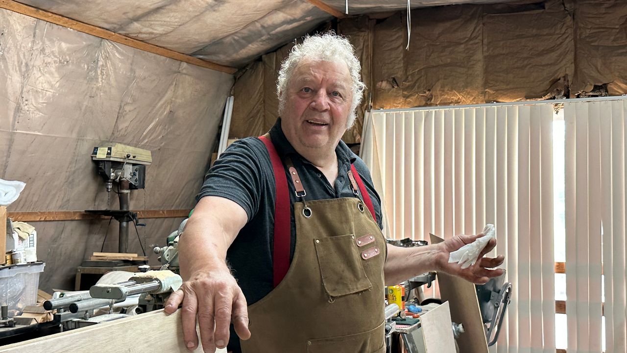 In addition to his studio, artist Patrick Plourde has a wood working shop at his home in Lisbon Falls. (Spectrum News/Susan Cover)