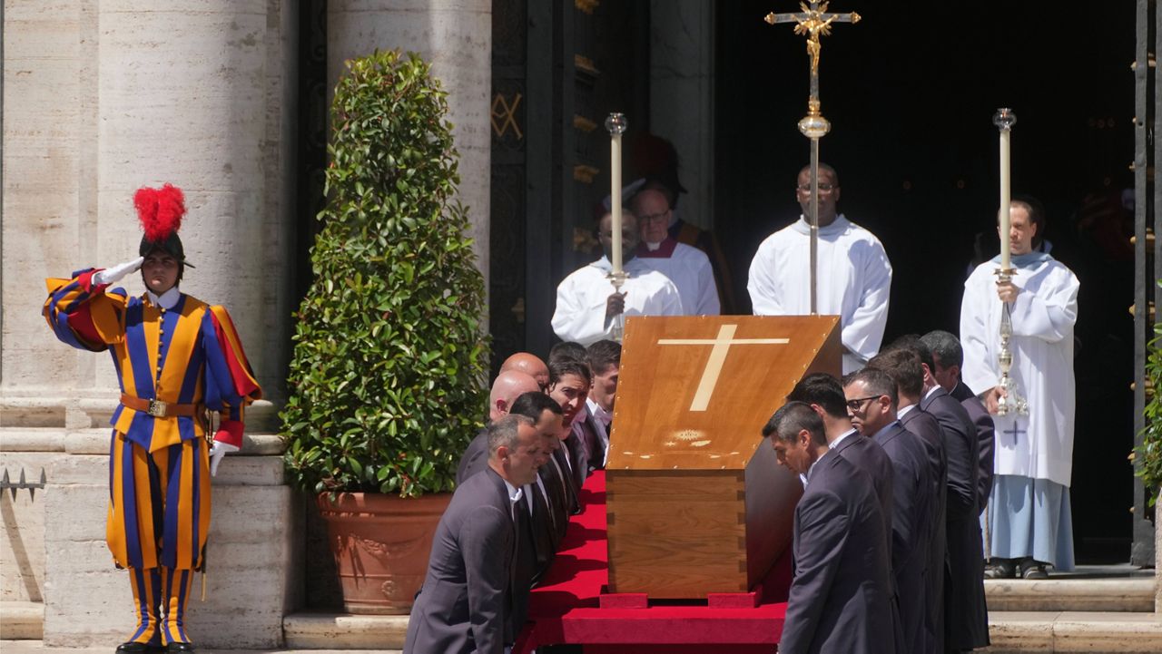 The coffin of Pope Francis arrives at St. Mary Major Basilica in Rome Saturday, April 26, 2025. (AP Photo/Francisco Seco)